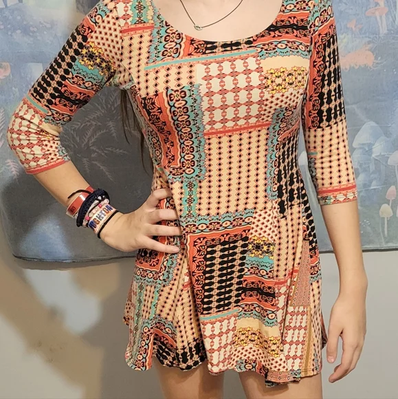 Love J Dresses | Love J Usa Boho Gypsy Hippie 3/4 Sleave Short Dress Patchwork Style Size M | Color: Cream/Tan | Size: M | Joeytsi5786's Closet Love J Dresses | Love J Usa Boho Gypsy Hippie 3/4 Sleave Short Dress Patchwork Style Size M | Color: Cream/Tan | Size: M | Joeytsi5786's Closet
